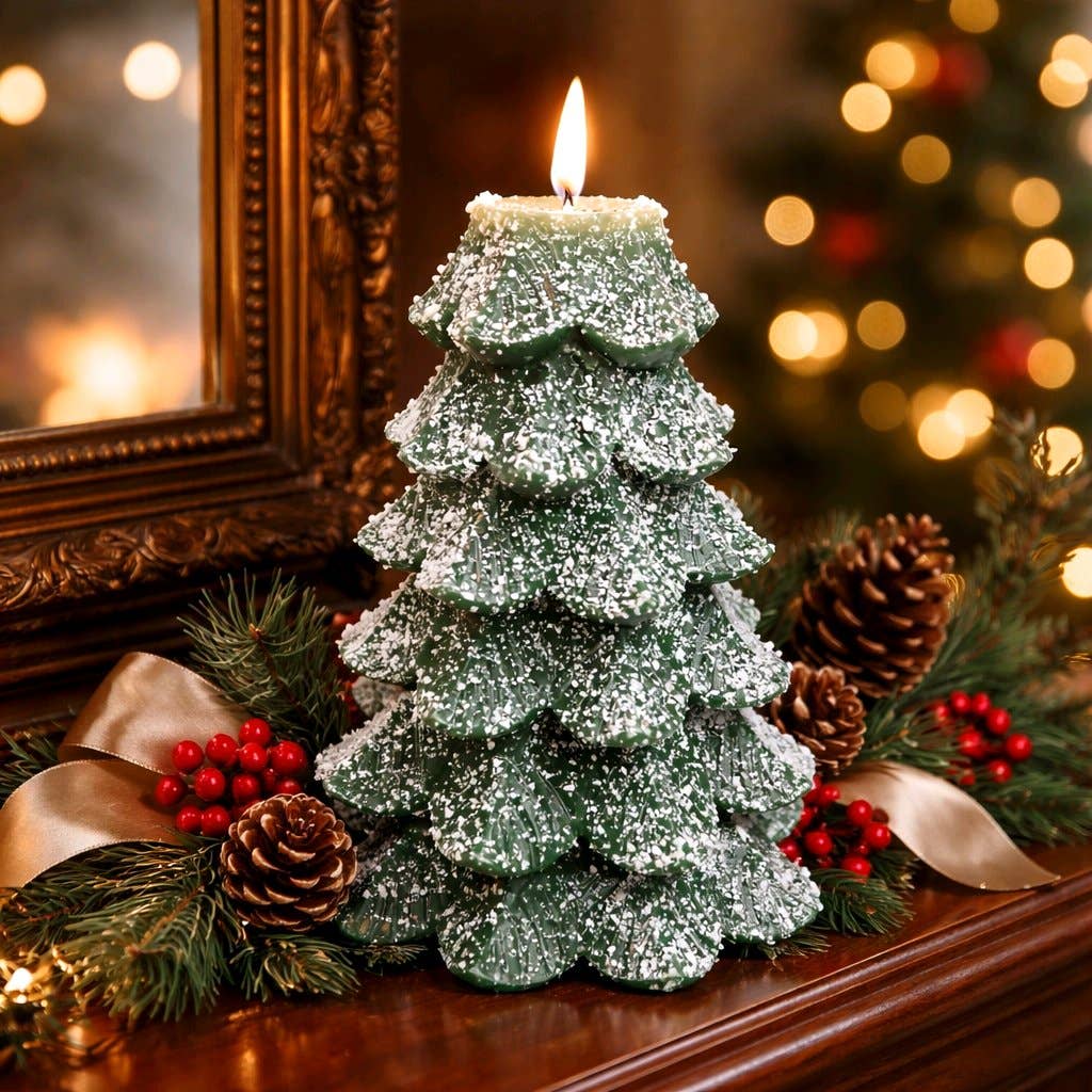 Green Christmas Tree with White Glitter Moving Flame LED Candle 5x6.5in