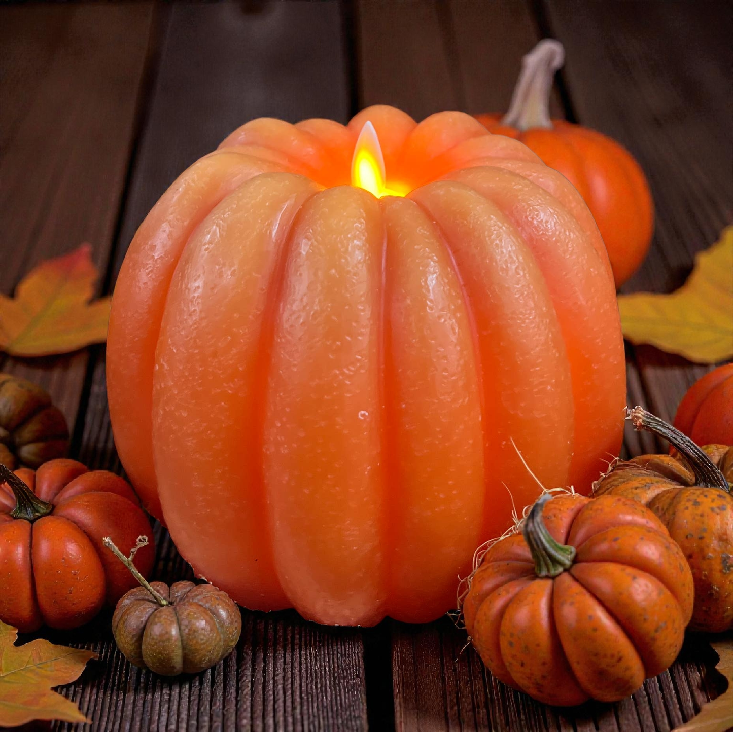 Orange Pumpkin Carved Moving Flame LED Candle 6x5in
