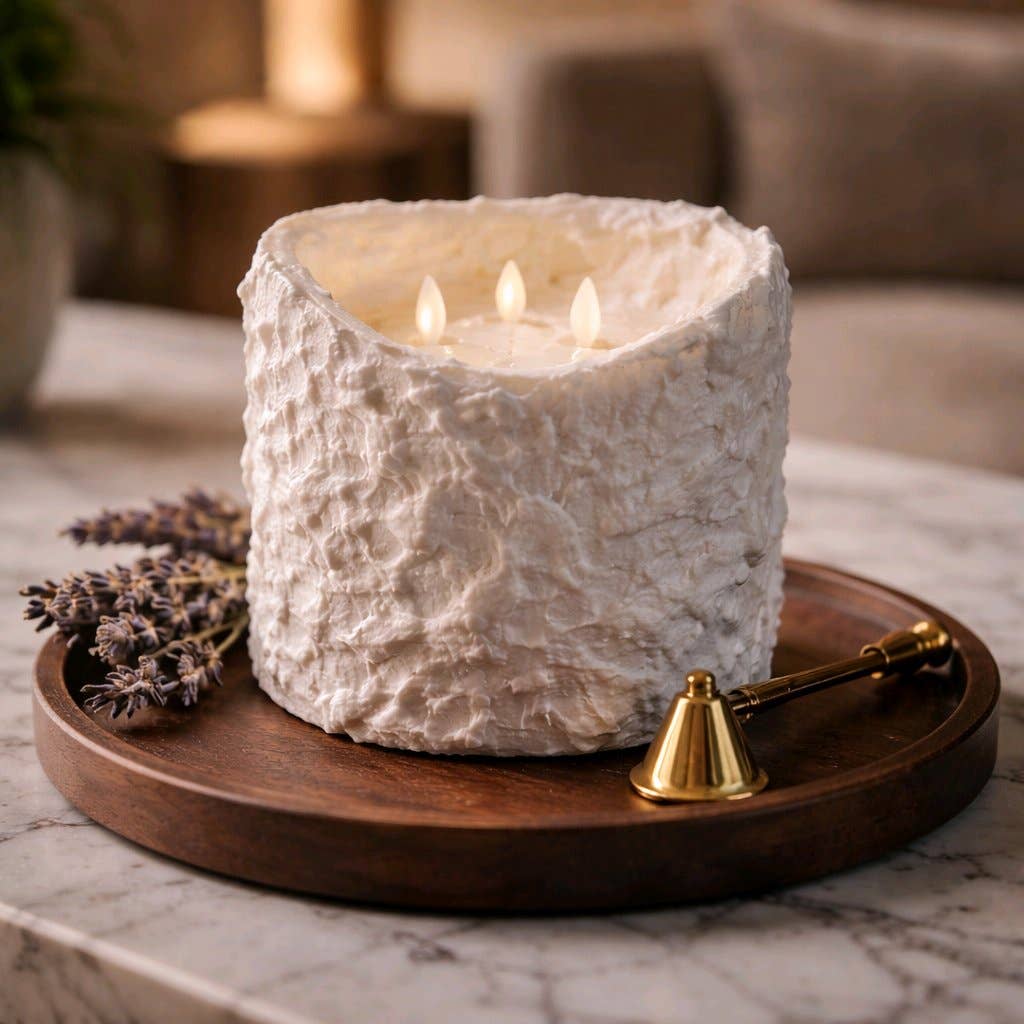 Bumpy White 3 Wick Moving Flame LED Candle 6in by 6in