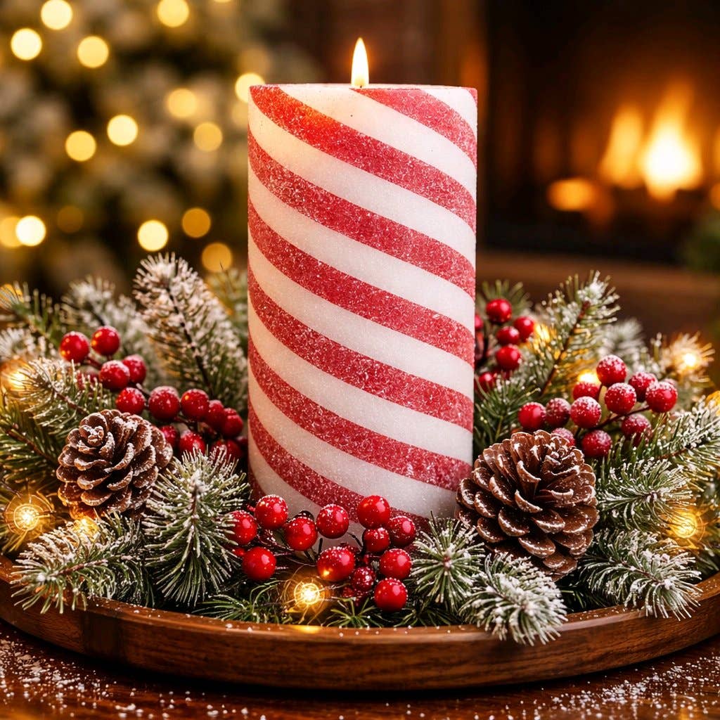 Frosted Candy Cane Moving Flame LED Candle 5x11.5in