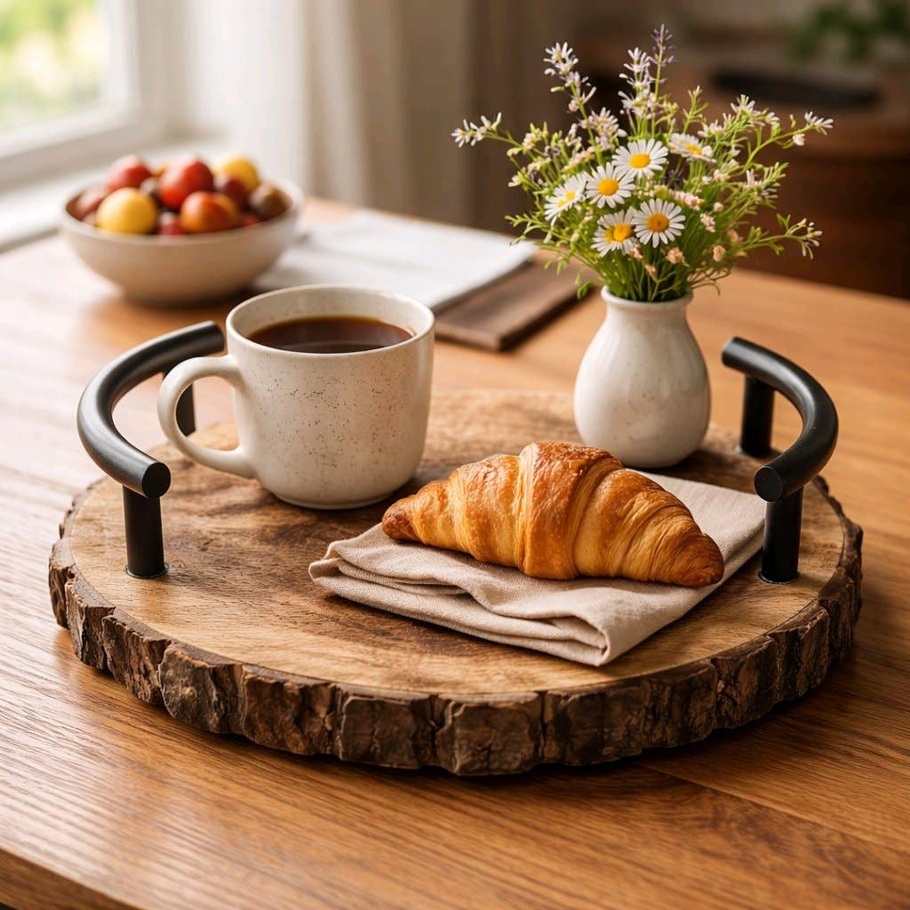 Dark Wood Bark Tray With Aluminum Handle 10x10x3in