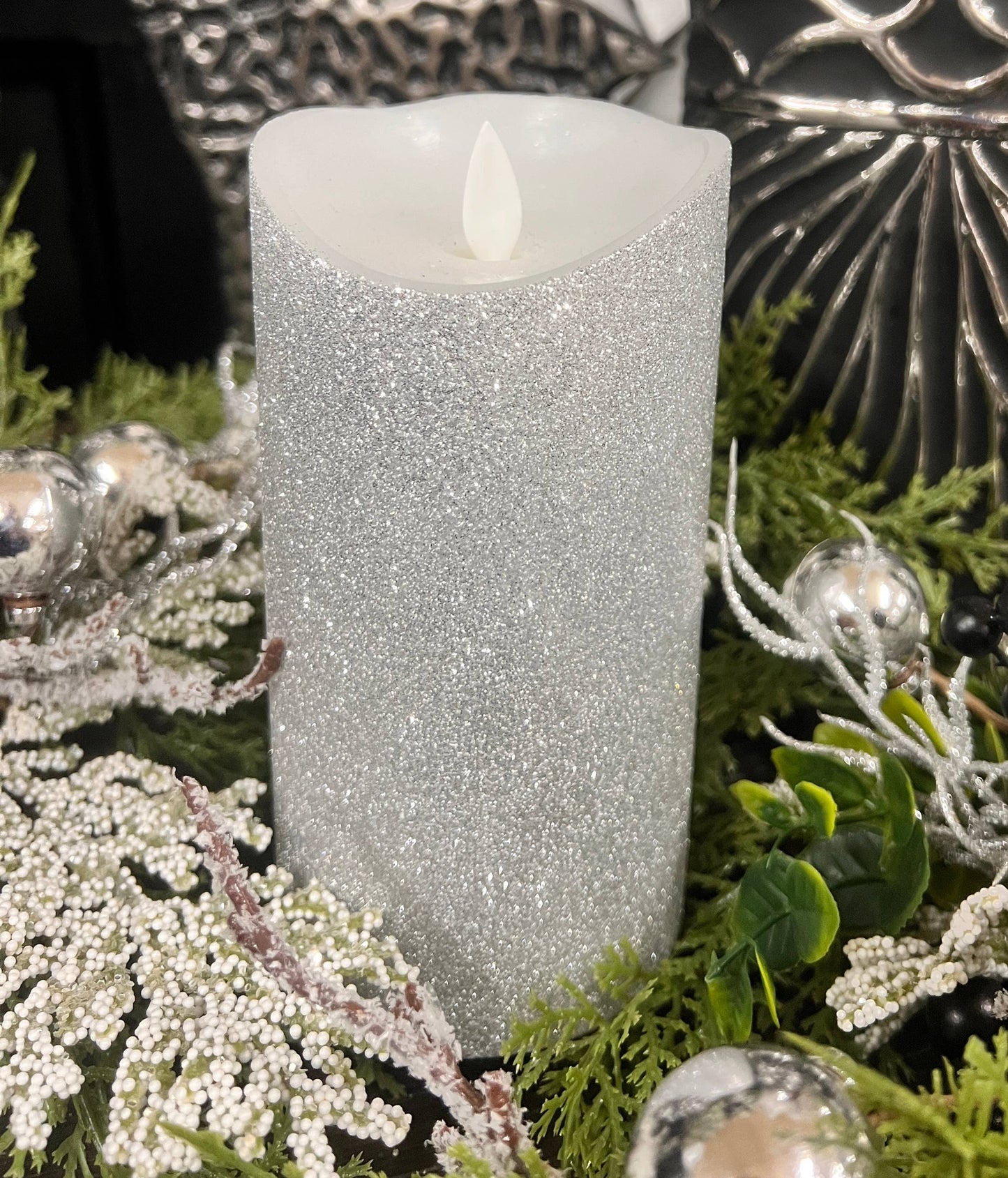 Silver Glitter 3x6 Moving Flame LED Candle