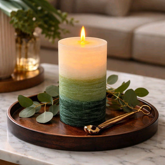 White n Green 3 Layer Rustic Finish Moving Flame LED Candle 3in by 6in