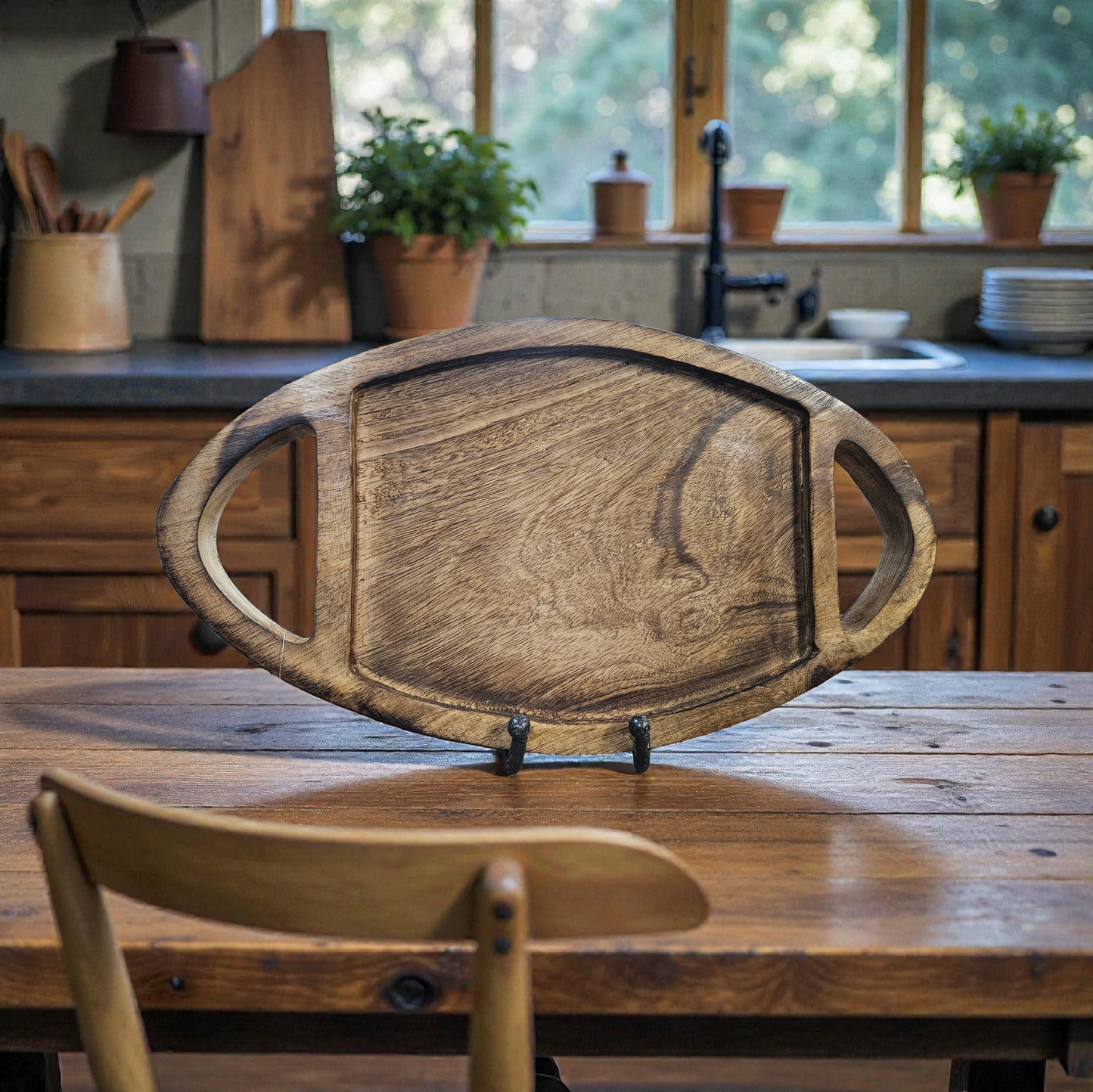 Dark Wood Football Tray 17x10x1in