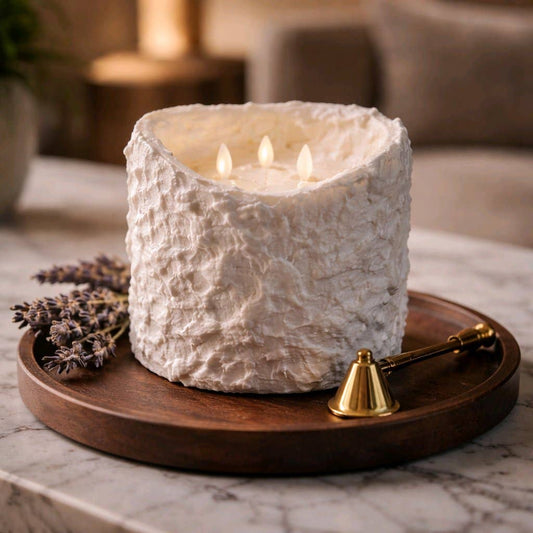 Bumpy White 3 Wick Moving Flame LED Candle 6in by 6in