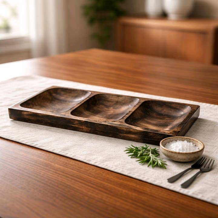 Dark Wood 3 Sectional Tray 18x8x1in