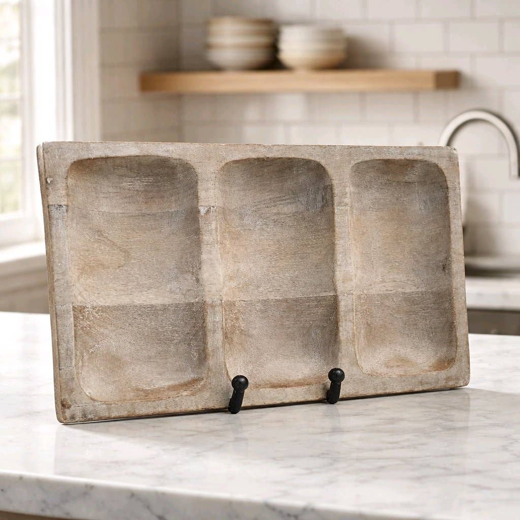 White Washed 3 Sectional Wooden Tray 12x8x1in