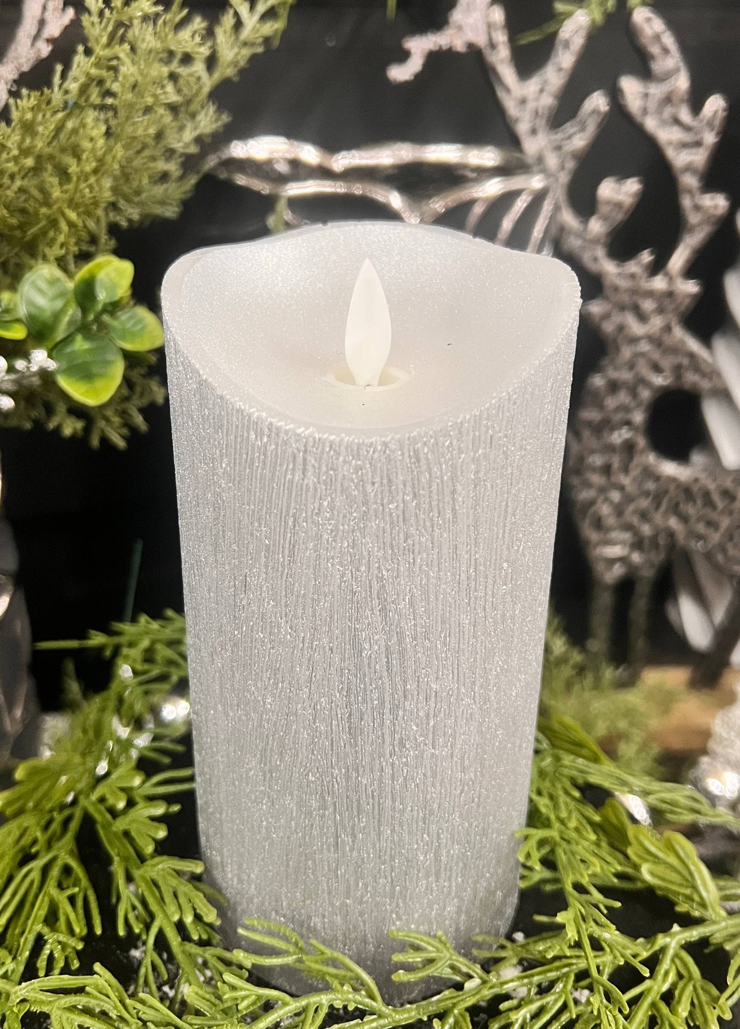 Silver Metallic Moving Flame LED Candle 3x6in