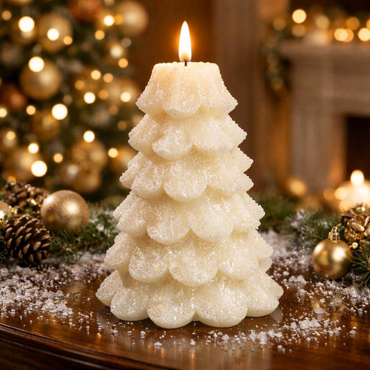White Christmas Tree with White Glitter Moving Flame LED Candle 5x6.5in