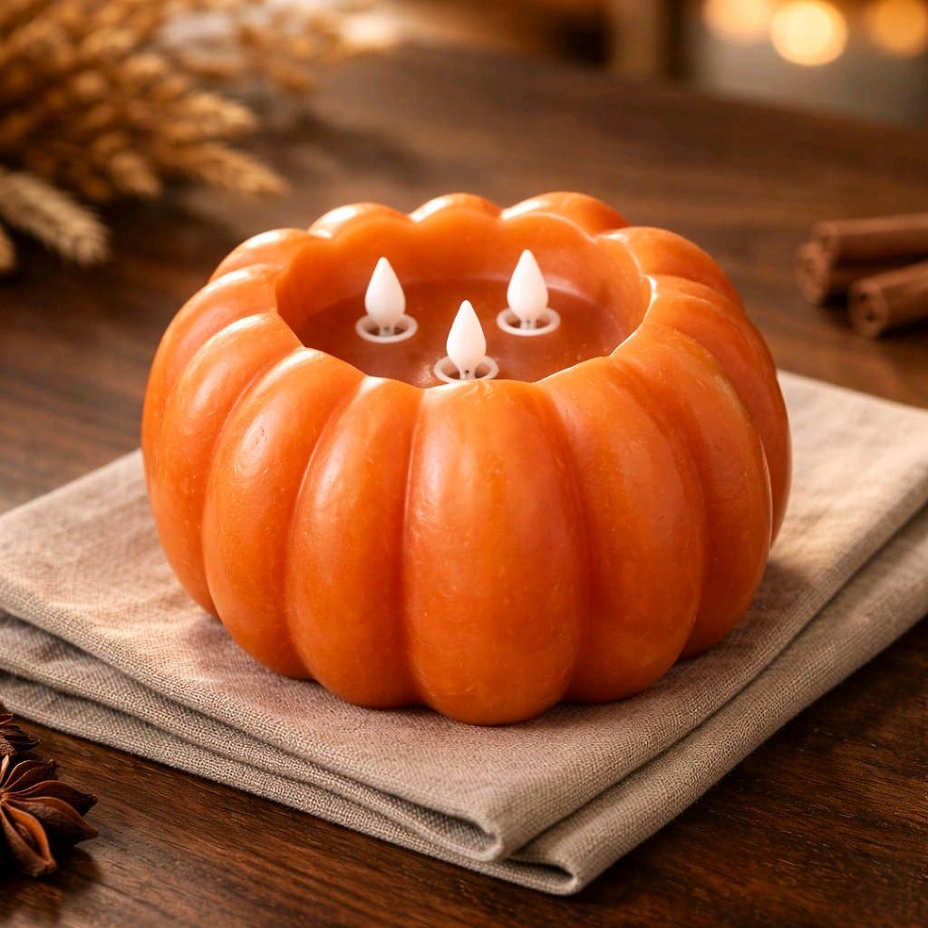 Orange Pumpkin Carved Moving Flame LED Candle 8x6in