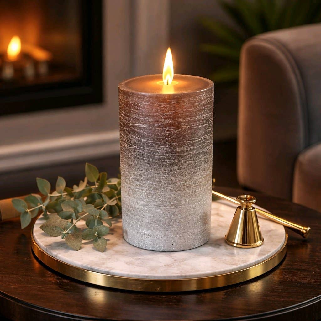 Rustic and Fading Brown & Silver Moving Flame Candle 3x6in