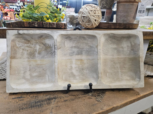 White Washed 3 Sectional Wooden Tray 18x8x1in